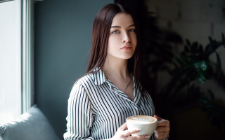 Woman coffee holding window portrait - the room free wallpaper