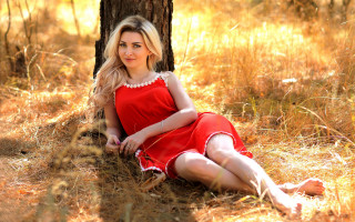 Woman red dress grass woods - the grass next free wallpaper