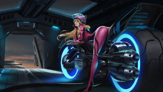 Futuristic girl motorcycle blue light - a futuristic setting free wallpaper
