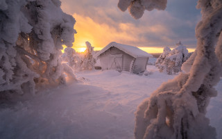 Cabin snowy forest dusk fire - a cabin free wallpaper