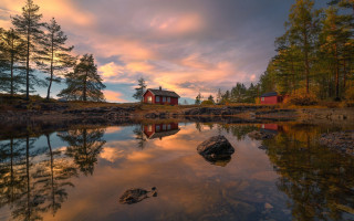 Lake reflection sunset redcabin ducks - a still lake free wallpaper