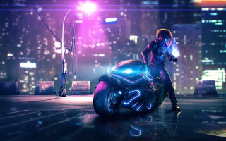 Man motorcycle neon city night - neon free wallpaper