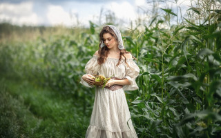 Woman white dress cornfield basket - cinematic free wallpaper for desktop