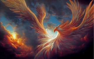 Phoenix flying bird clouds sunset - digital painting free wallpaper