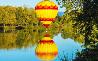 Yellow red balloon lake forest - a reflection free wallpaper