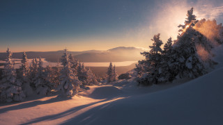 Snowy mountain lake autumn sunset - dawn free wallpaper