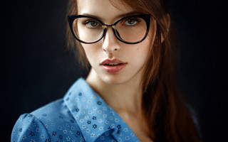 Woman glasses blue shirt portrait - glass free wallpaper
