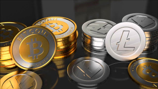 Bitcoins coins clock gear hexagram - top of a table next free wallpaper