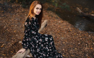Woman black dress river trees - leaf free wallpaper