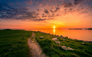 Sunset path water landscape clouds - a path free wallpaper