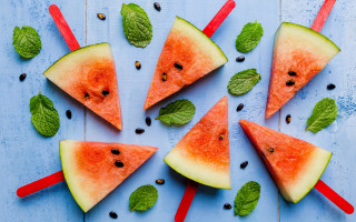 Watermelon slices mint leaves blue - mint free wallpaper