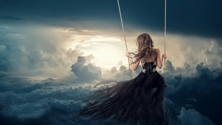 Woman black dress swing clouds - surreal photography free wallpaper
