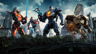 Robots cityscape clouds mecha gates - a group of robots free wallpaper
