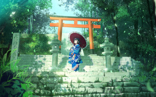 Woman kimono umbrella torii fireflies - an umbrella in front free wallpaper