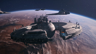 Ships over planet starry sky - mass effect free wallpaper