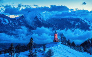 Snowy mountain church red steeple - a church free wallpaper