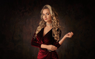 Elina karimova red dress portrait 3 - a photorealistic painting free wallpaper for desktop
