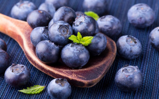 Wooden spoon blueberries leaves blue - a blue cloth free wallpaper