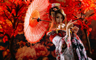 Woman kimono red umbrella autumn - a woman in a kimono holding free wallpaper