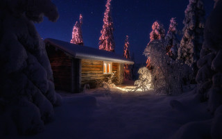 Cabin woods night snow moon - a cabin free wallpaper