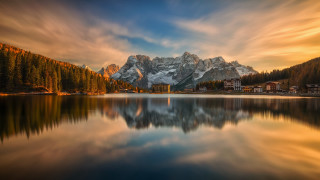 Mountain reflection sunset cityscape landscape - a matte painting free wallpaper
