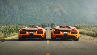 Orange sports cars cornfield mountain - the side of a road next free wallpaper