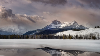 Mountain lake forest snow evening - widescreen free wallpaper