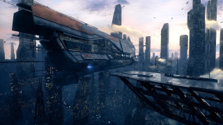 Futuristic city bridge aurora matte - cedric peyravernay free wallpaper