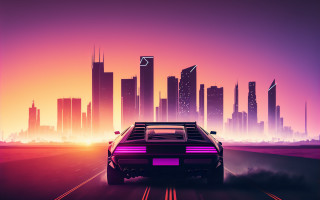 Neon pink sunset cityscape retrofuturism - retrofuturism free wallpaper