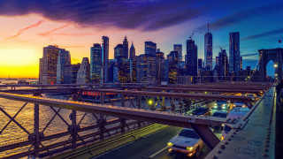 City skyline bridge cars sunset - sunset free wallpaper
