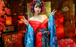 Woman red dress shawl background - background free wallpaper
