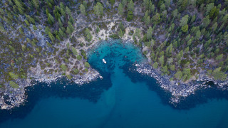 Boat forest water rocks aerial - aerial free wallpaper