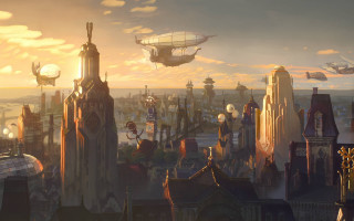 Cityscape airship tower sunset architecture - object free wallpaper
