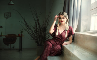 Woman sitting window sill plant 2 - private press free wallpaper