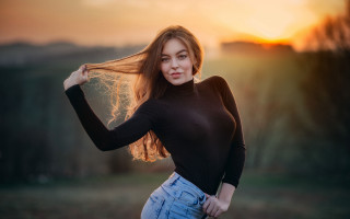 Woman long hair field sunset - flowing hair free wallpaper