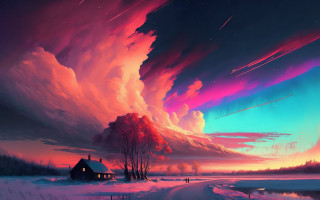 Colorful sky house road snow - a colorful sky free wallpaper