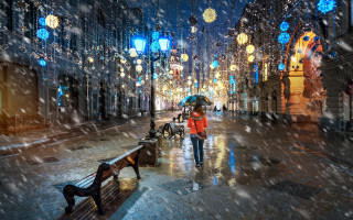 Woman umbrella rain night city - evgeny lushpin free wallpaper