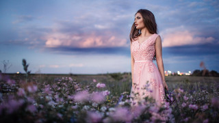 Woman pink dress flower field - dusk free wallpaper