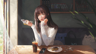 Woman sitting table drink phone - art station free wallpaper