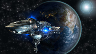 Spaceship blue light planet stars - the side of the ship free wallpaper
