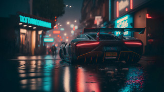 Wet street night neon cyberpunk - cinematic focus free wallpaper
