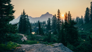 Mountain forest sunset lake path - nature free wallpaper