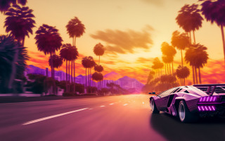Futuristic car palm trees sunset - outrun free wallpaper
