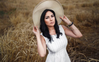 Woman white dress hat wheat - serious free wallpaper for desktop