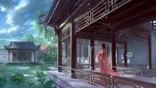 Woman pink dress bridge pond - a pagoda in the background free wallpaper