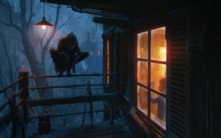 Porch scene rainy sunset illustration - art greg rutkowski free wallpaper