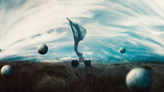 Surreal field flag balls clouds - surrealism free wallpaper