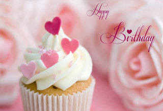 Cupcake hearts pink tablecloth roses - a happy birthday card free wallpaper