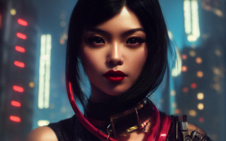 Woman cyberpunk blackdress redcollar citylights - a red collar free wallpaper