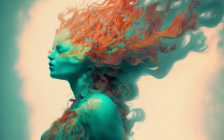 Red haired woman fantasy fire - a blue body free wallpaper